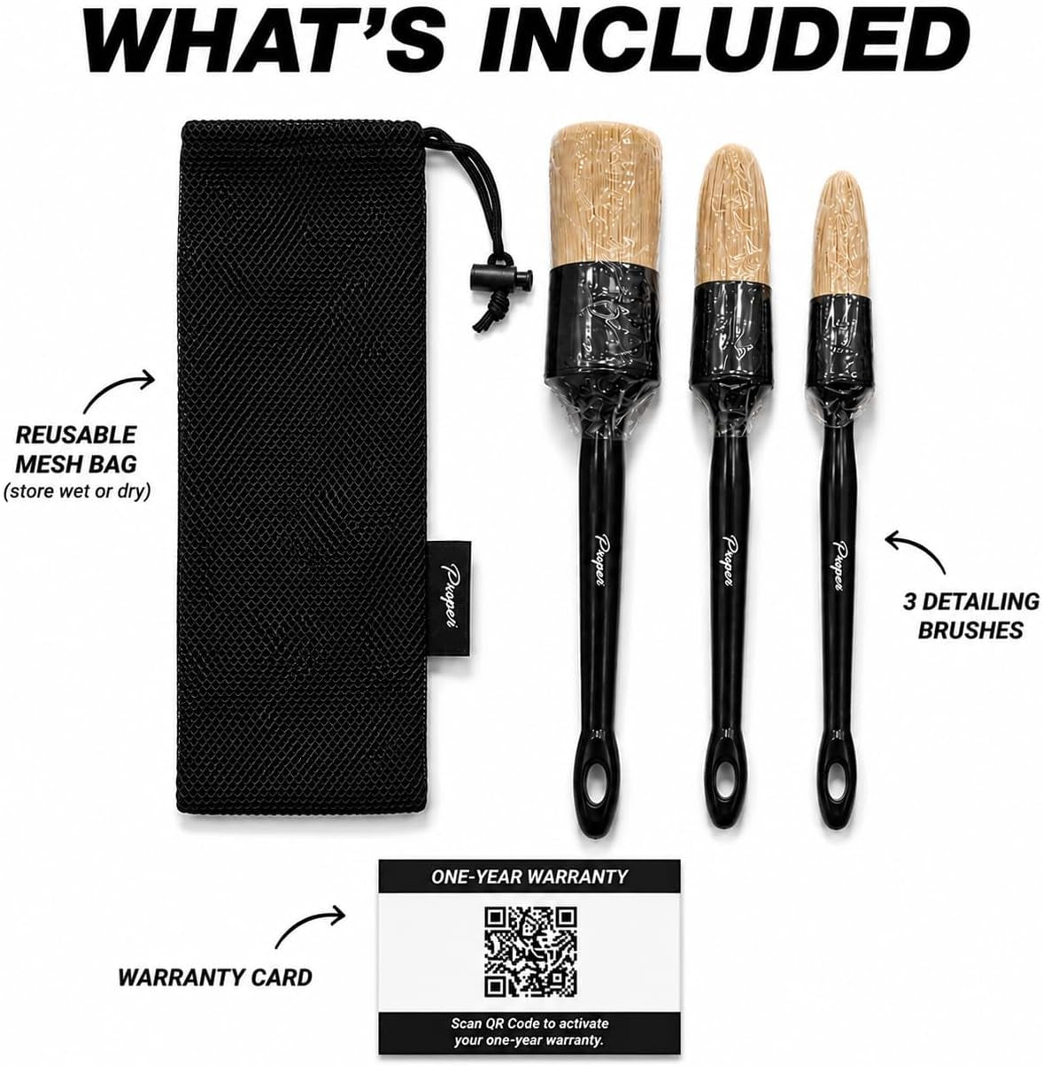 Car Detailing Brush Set for Interior or Exterior | 3-Pack | Ultra Soft Boars Hair Bristles