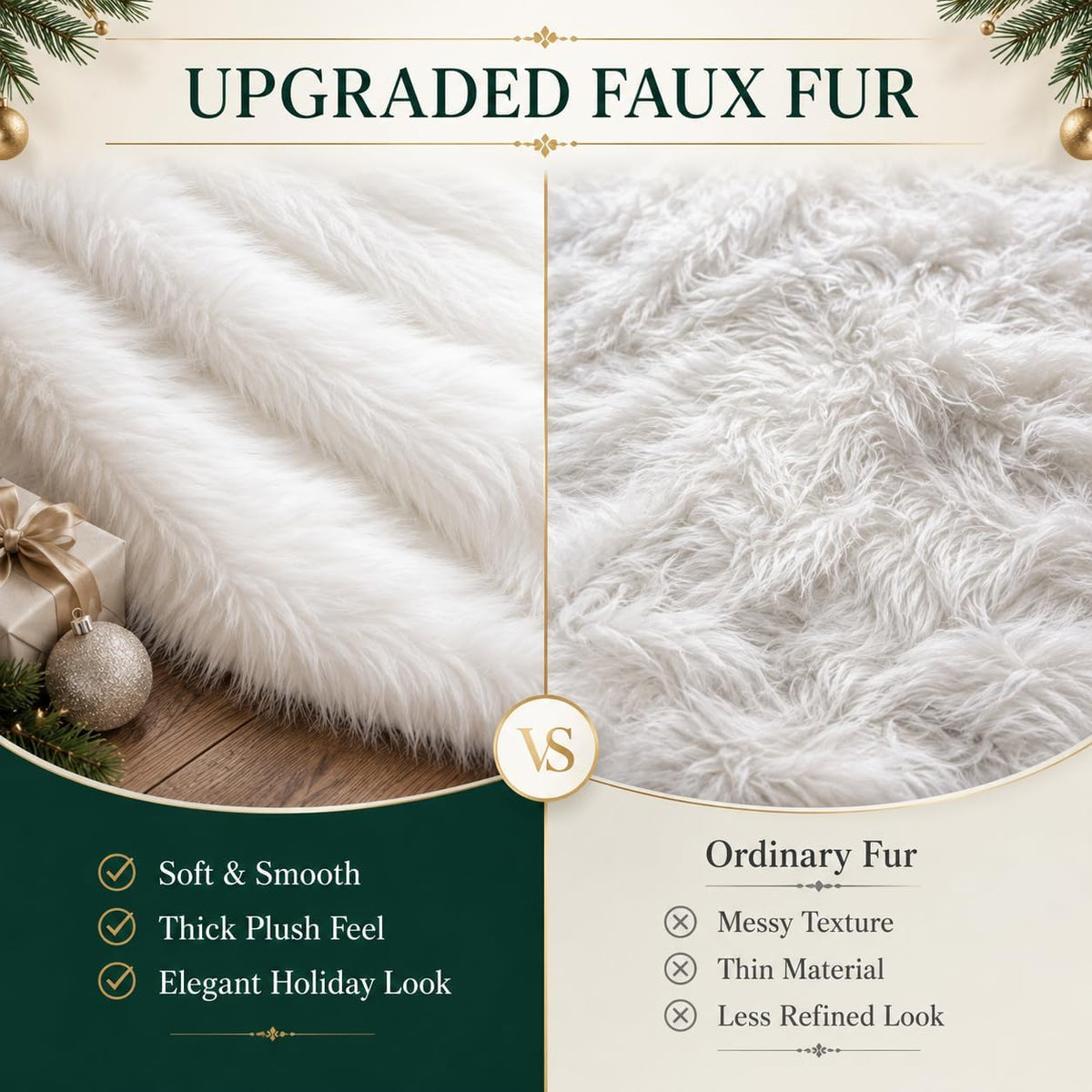 48 Inch White Faux Fur Christmas Tree Skirt, Luxury Plush Tree Base Cover for Holiday Party and Home Christmas Decor