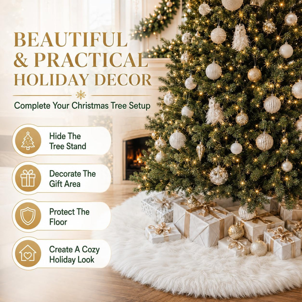 48 Inch White Faux Fur Christmas Tree Skirt, Luxury Plush Tree Base Cover for Holiday Party and Home Christmas Decor