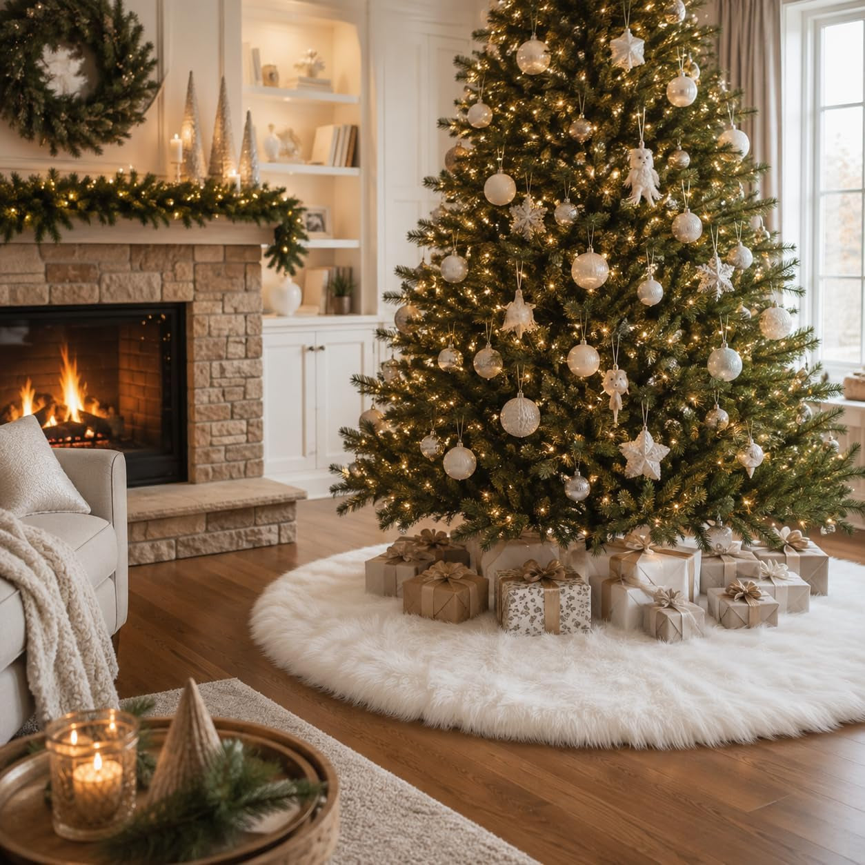 48 Inch White Faux Fur Christmas Tree Skirt, Luxury Plush Tree Base Cover for Holiday Party and Home Christmas Decor