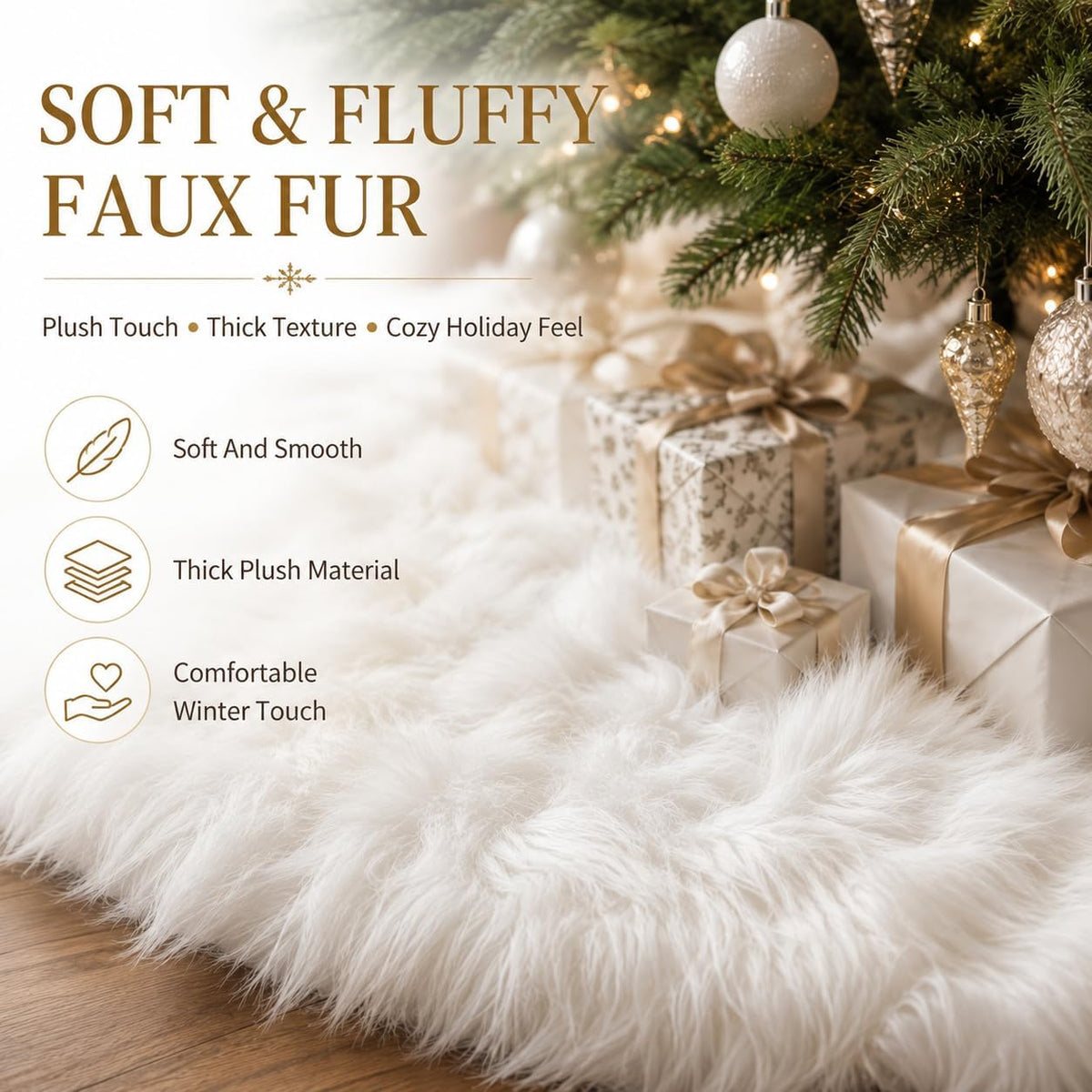 48 Inch White Faux Fur Christmas Tree Skirt, Luxury Plush Tree Base Cover for Holiday Party and Home Christmas Decor